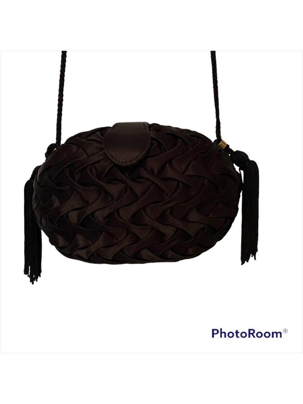 LA REGALE LTD BAG BLACK HARD CLAM SHELL BOX PURSE LONG STRAP CROSSBODY VINTAGE